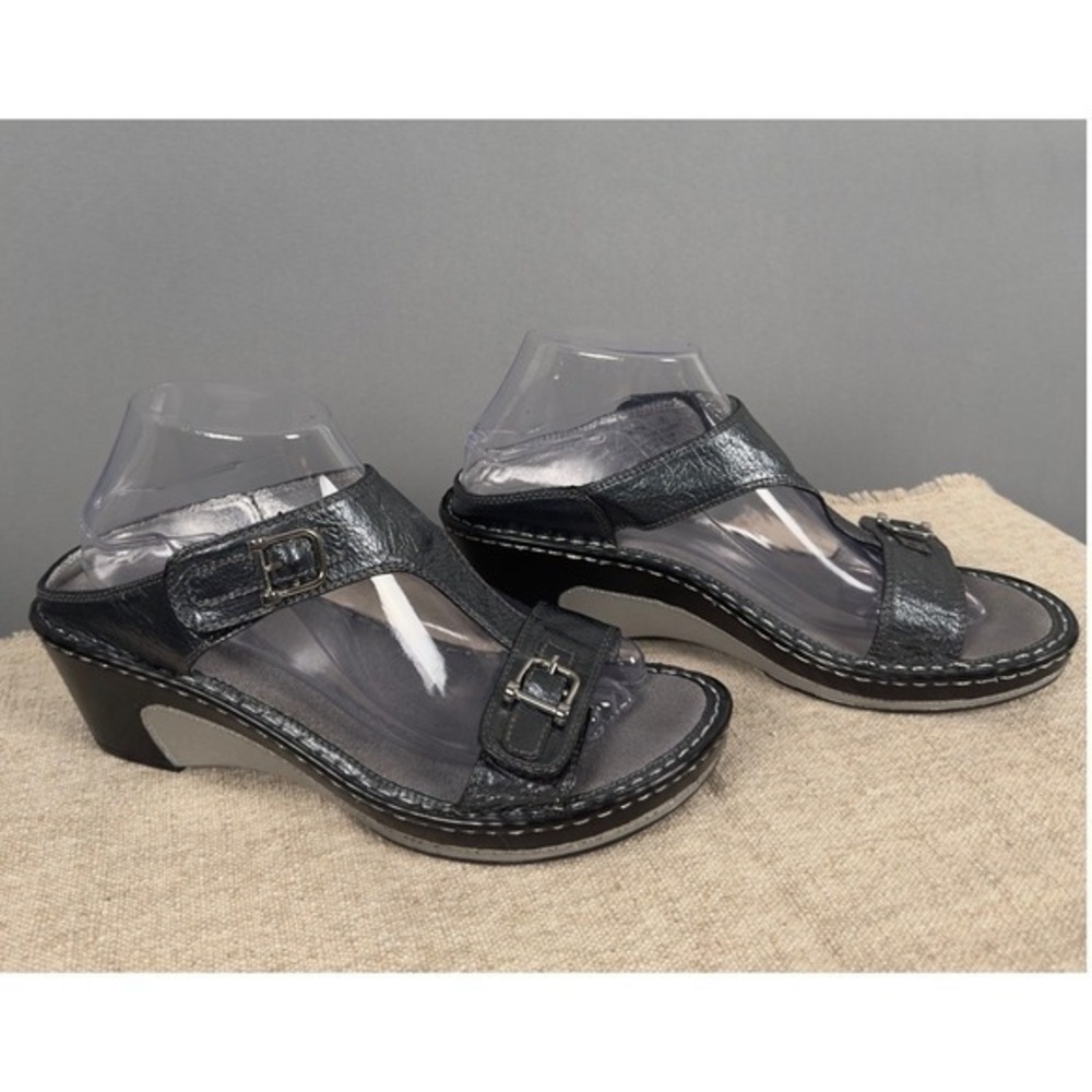 Alegria Lara Grey Metallic Leather Wedge Sandals Buckle Slide LAR-214 Womens 39